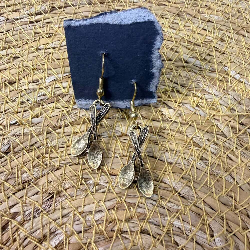 Antique Gold Tone Crossed Spoon Dangle Pierced Earrings